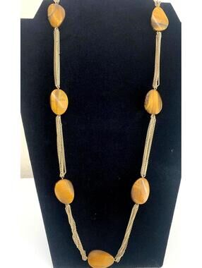 Vintage Tiger Eye Necklace Long Gold Chain Statement 70s Boho